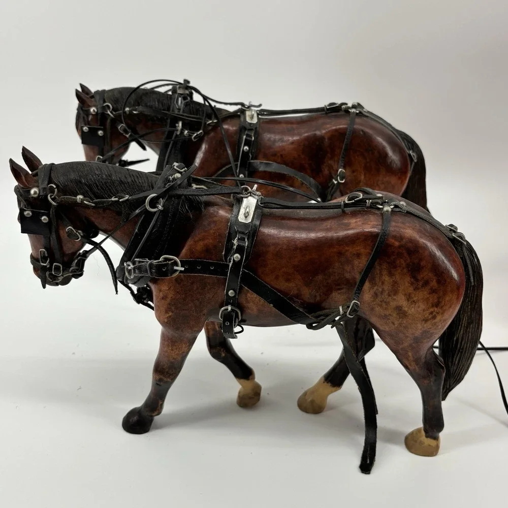 Rare Vintage Wooden Horses  With Tooled‎ Leather Bridle Reins Draft Team